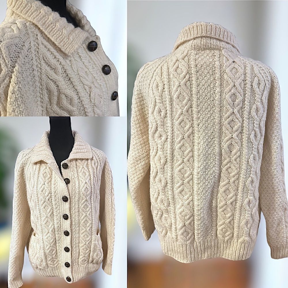 VINTAGE Hand-Knitted New Wool Chunky Boyfriend Fisherman Aran Cardigan Sweater 4